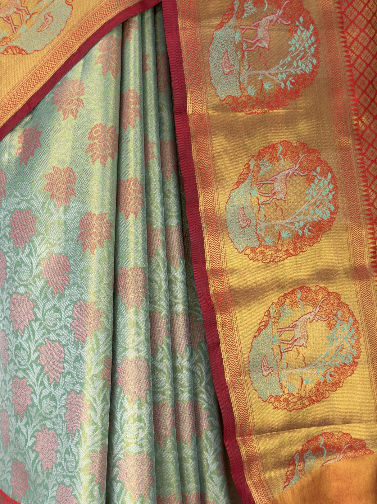MIMOSA Pista Kanjivaram Art Silk Saree — close-up of railing and saree