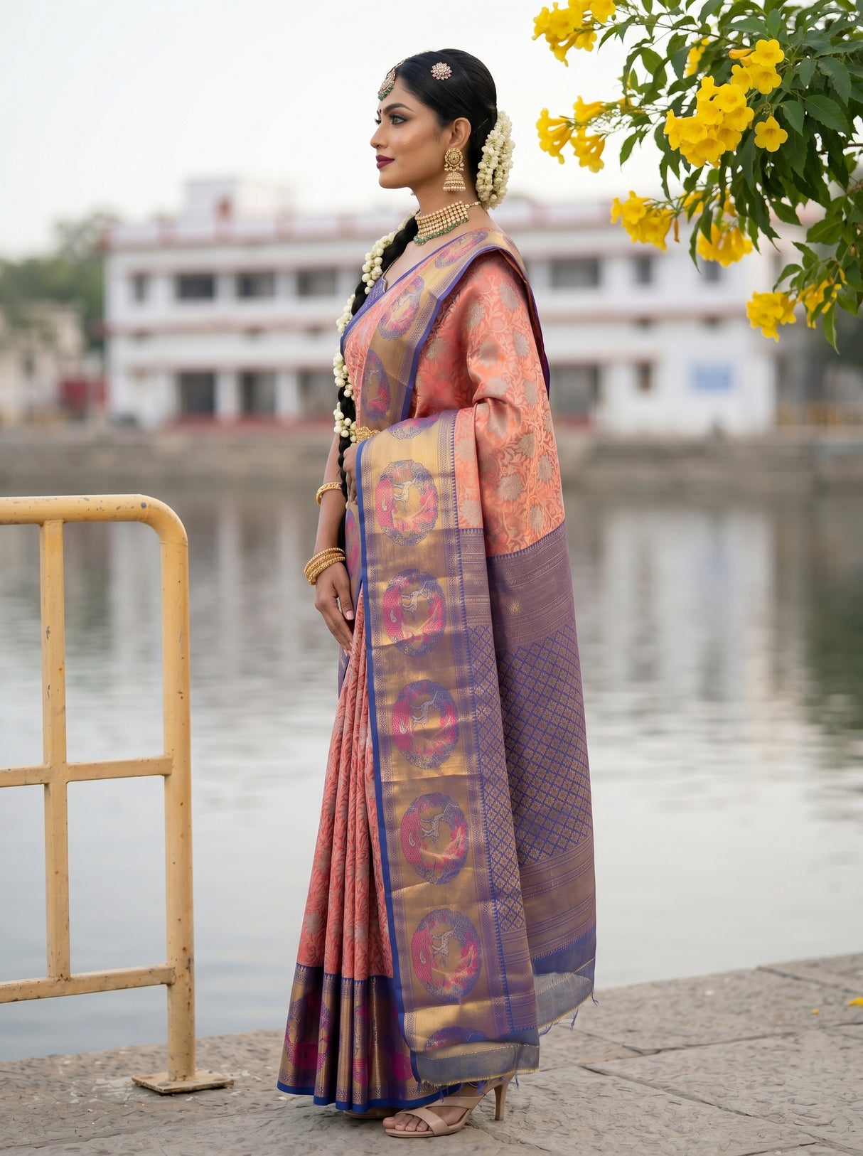 MIMOSA Rani Kanjivaram Art Silk Saree — close-up of model's shoulder and hair