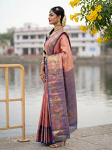 MIMOSA Rani Kanjivaram Art Silk Saree — close-up of model's shoulder and hair