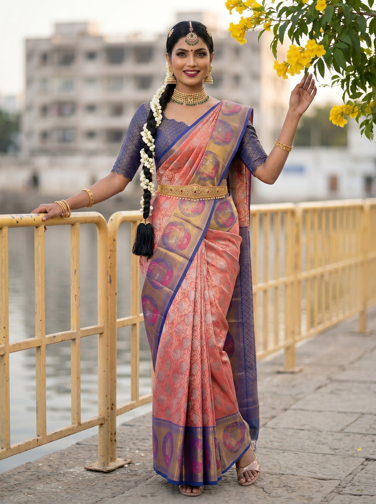 MIMOSA Rani Kanjivaram Art Silk Saree — close-up of model's hands and waist belt