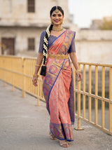 MIMOSA Rani Kanjivaram Art Silk Saree — close-up of model's hand on railing