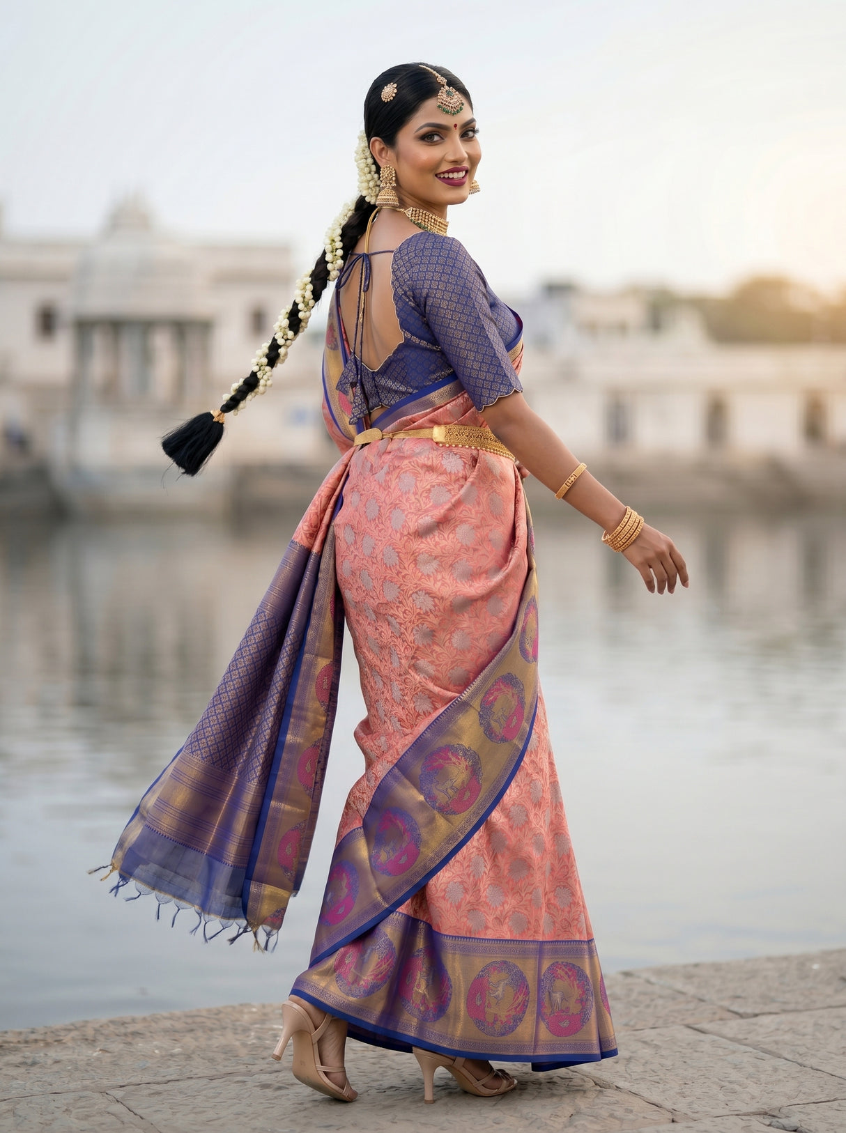 MIMOSA Rani Kanjivaram Art Silk Saree — close-up of saree border and railing