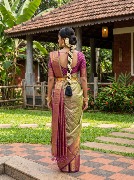 MIMOSA Green Kanjivaram Art Silk Saree — Full saree body and pallu shot