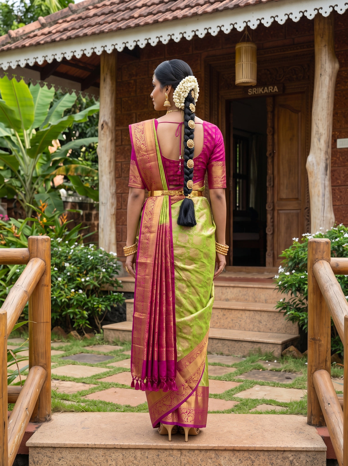 MIMOSA Parrot Green Kanjivaram Art Silk Saree — Full saree body and pallu shot