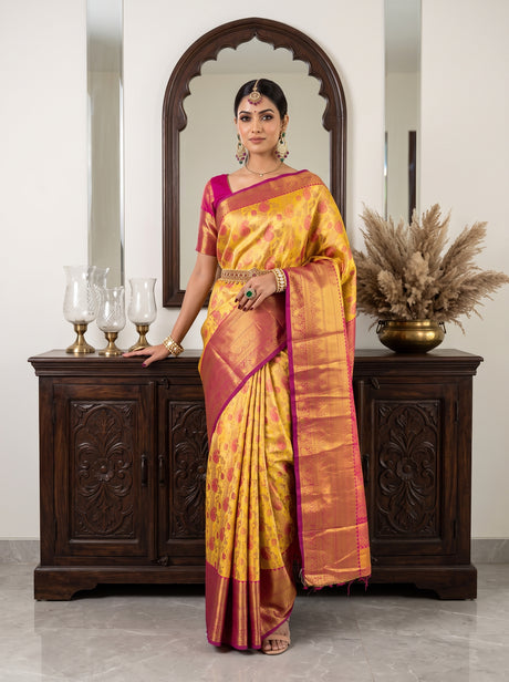 MIMOSA Gold Kanjivaram Art Silk Saree — Saree Pallu and Body Detail