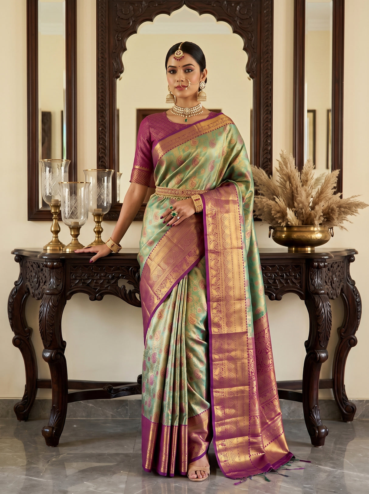 MIMOSA Green Kanjivaram Art Silk Saree — pose 10 styling detail