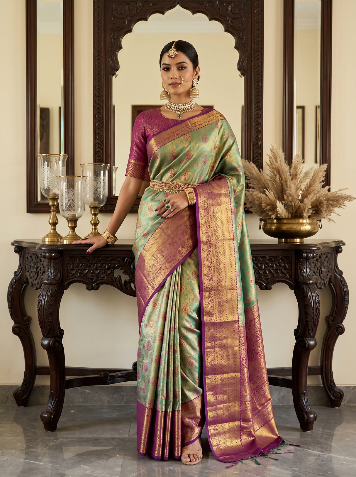 MIMOSA Green Kanjivaram Art Silk Saree — Saree Pallu and Body Detail