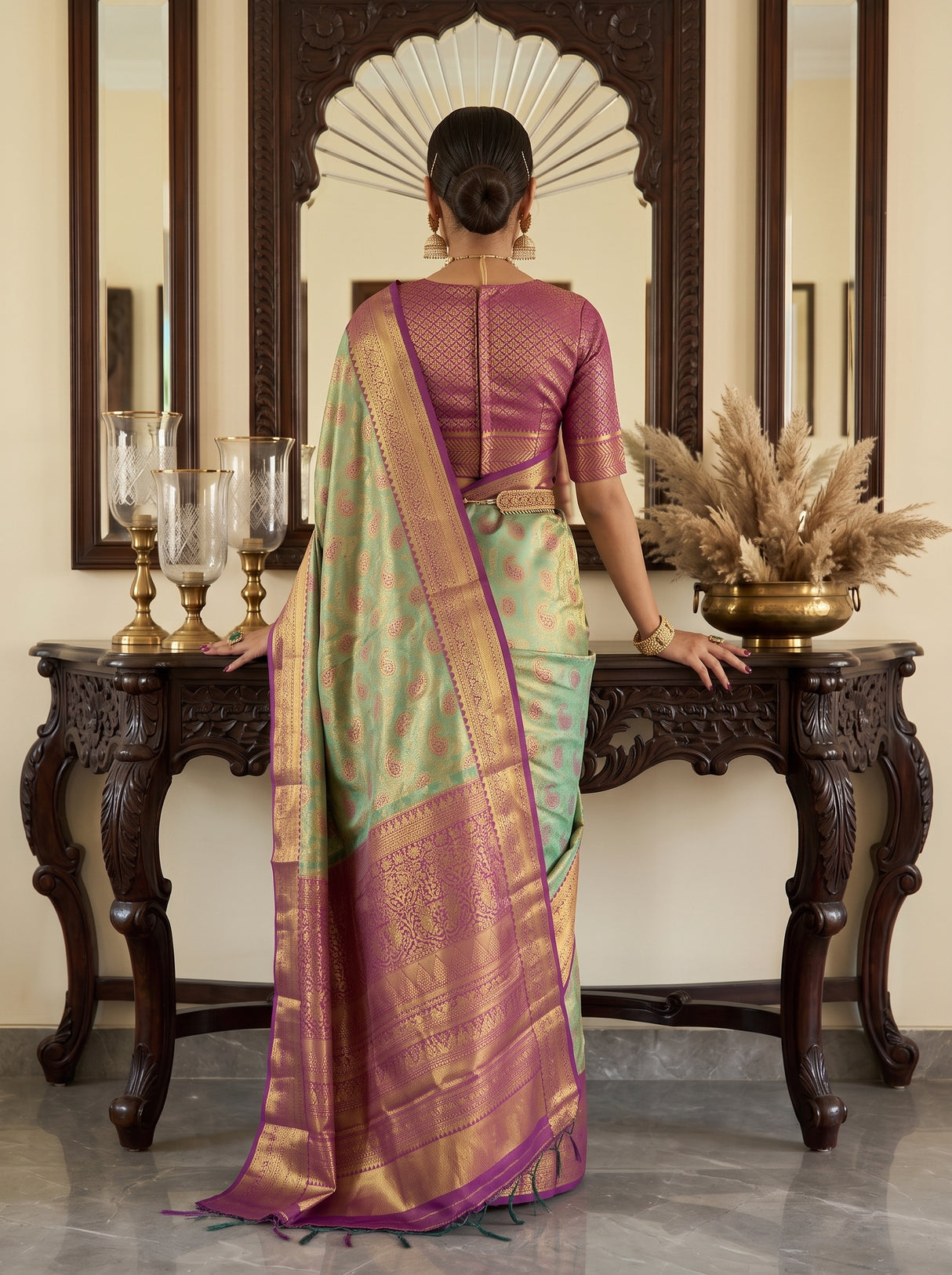 MIMOSA Green Kanjivaram Art Silk Saree — Model Lifestyle Pose