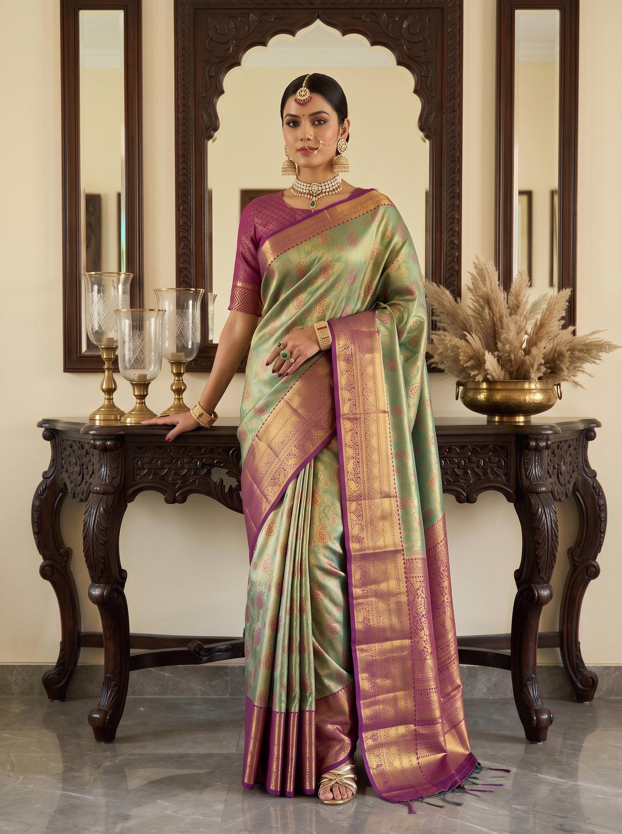 MIMOSA Green Kanjivaram Art Silk Saree — pose 7 styling detail