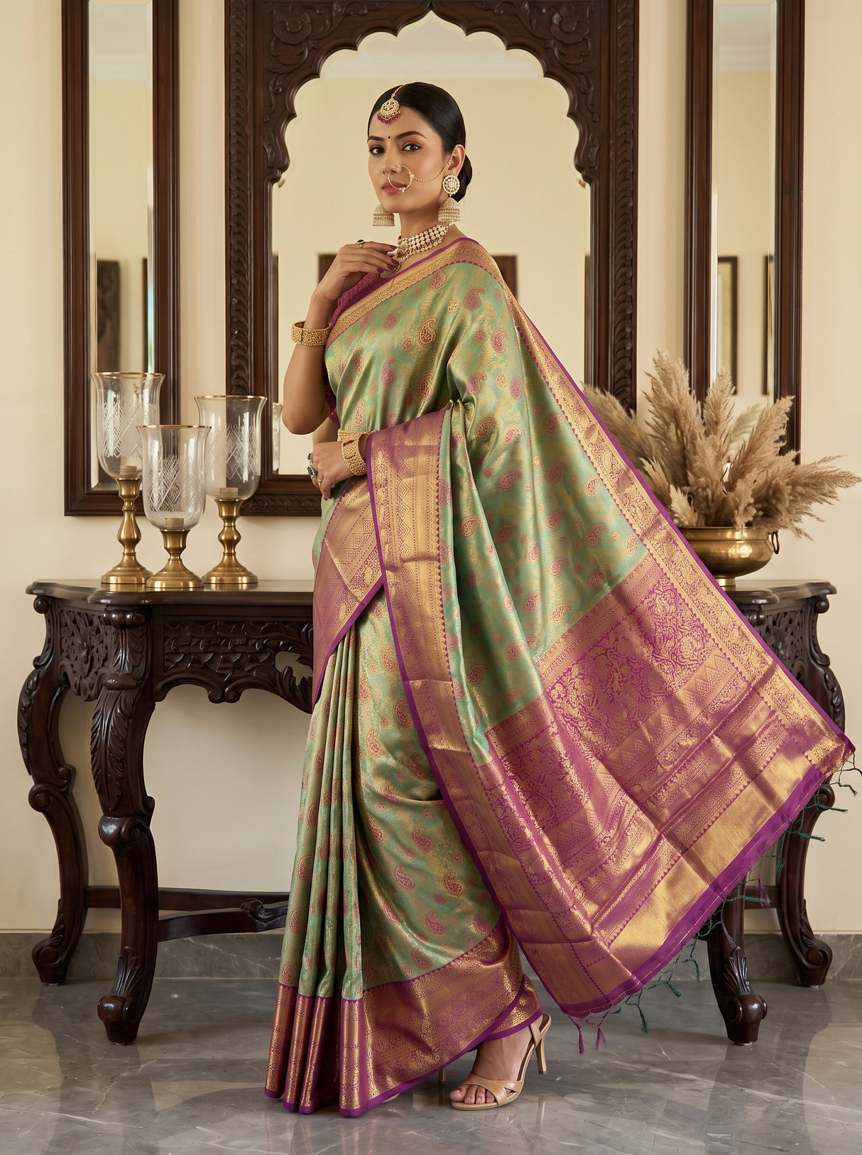 MIMOSA Green Kanjivaram Art Silk Saree — pose 9 styling detail