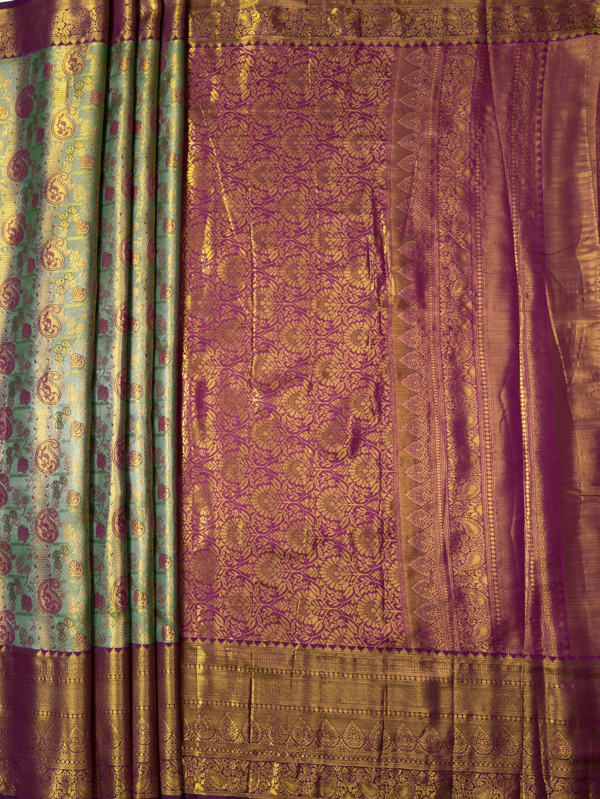 MIMOSA Green Kanjivaram Art Silk Saree — pallu and zari work detail