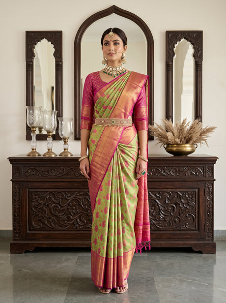 MIMOSA Parrot Green Kanjivaram Art Silk Saree — Saree Pallu and Body Detail