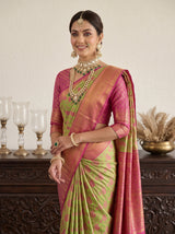 MIMOSA Parrot Green Kanjivaram Art Silk Saree — pose 10 styling detail