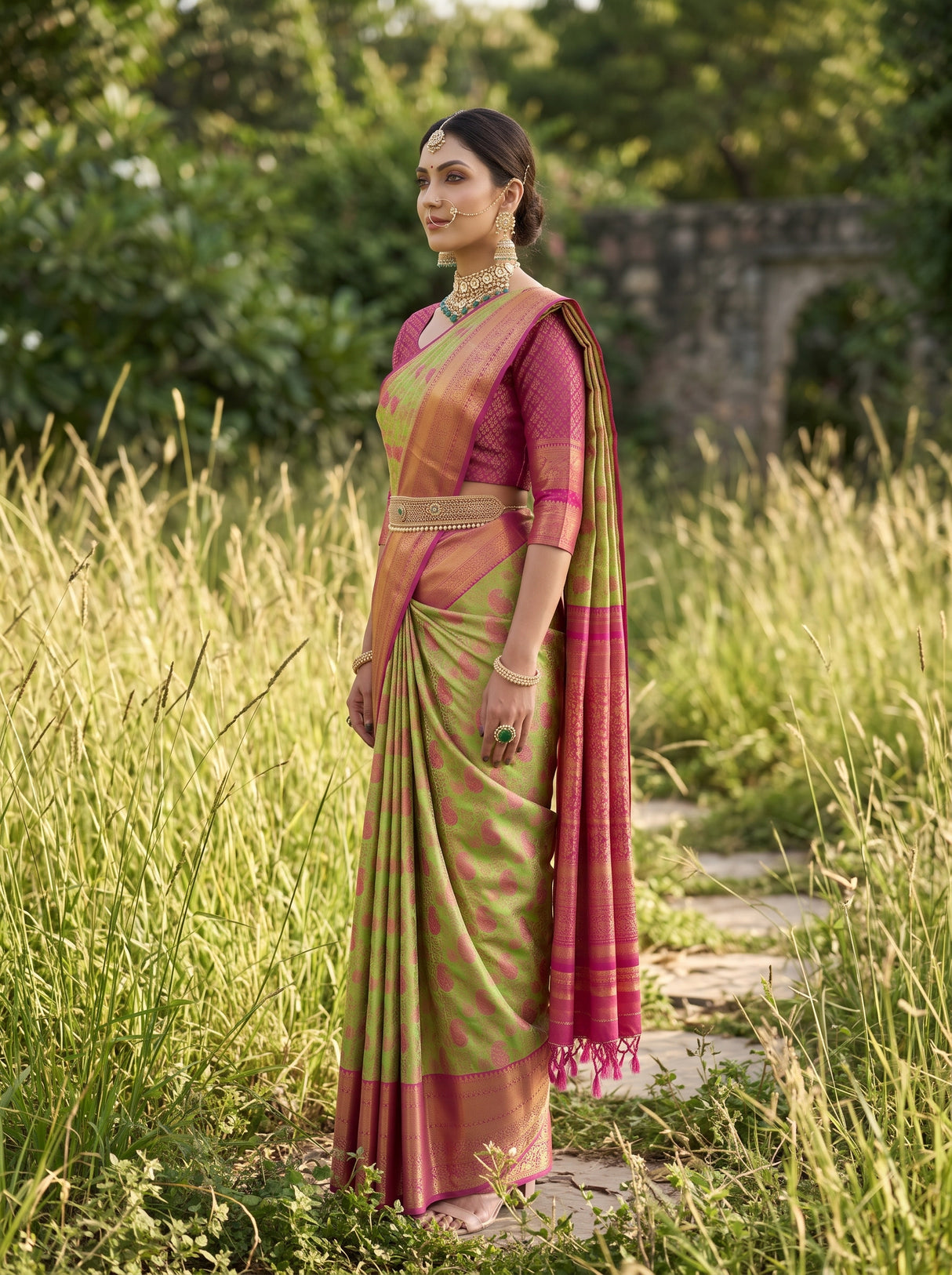 MIMOSA Parrot Green Kanjivaram Art Silk Saree — pose 3 styling detail