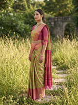 MIMOSA Parrot Green Kanjivaram Art Silk Saree — pose 3 styling detail