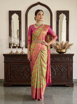 MIMOSA Parrot Green Kanjivaram Art Silk Saree — pose 4 styling detail
