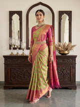 MIMOSA Parrot Green Kanjivaram Art Silk Saree — pose 6 styling detail