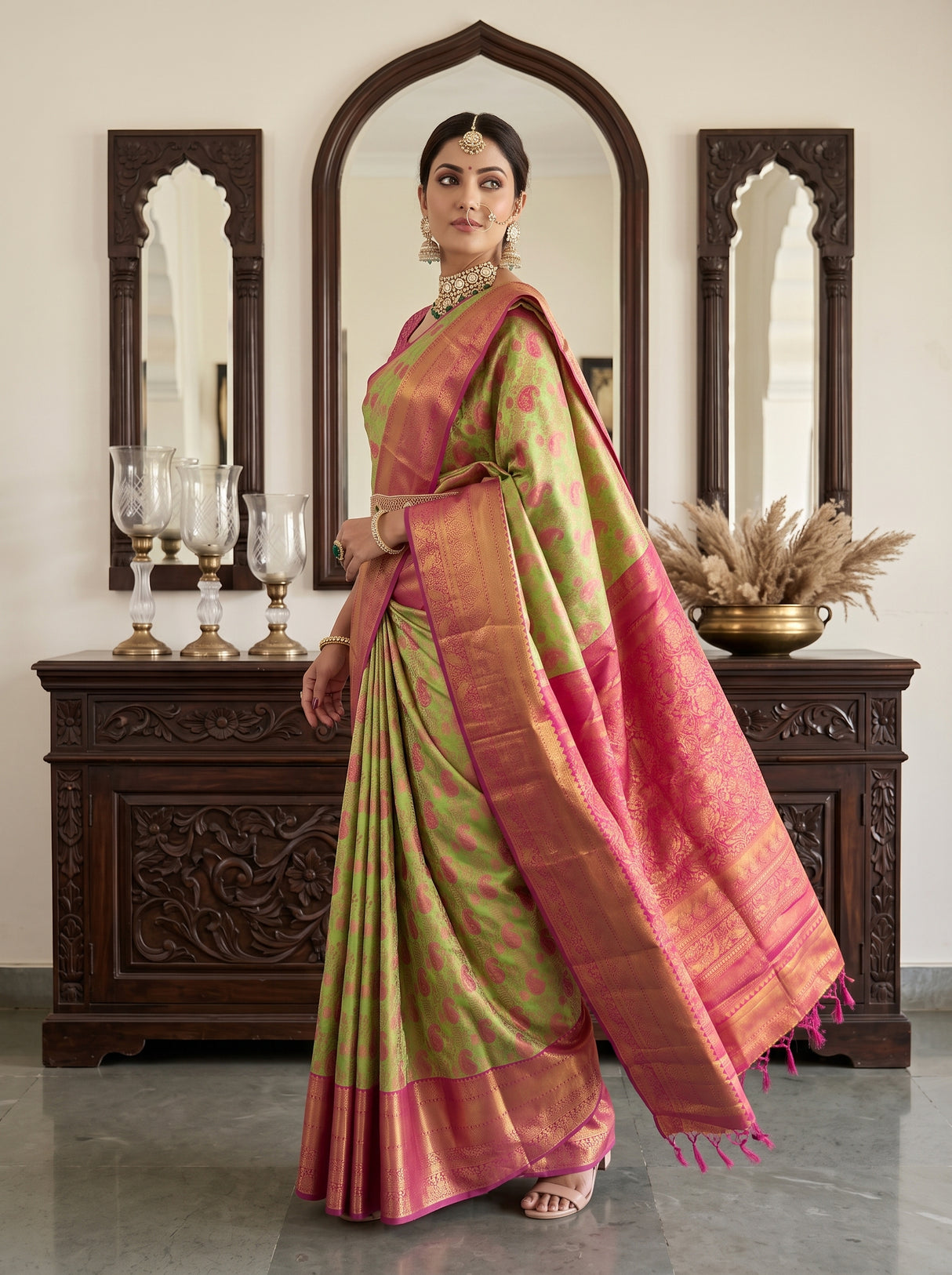 MIMOSA Parrot Green Kanjivaram Art Silk Saree — pose 9 styling detail