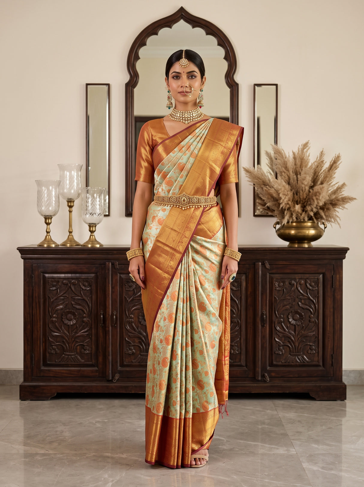 MIMOSA Pista Kanjivaram Art Silk Saree — Saree Pallu and Body Detail