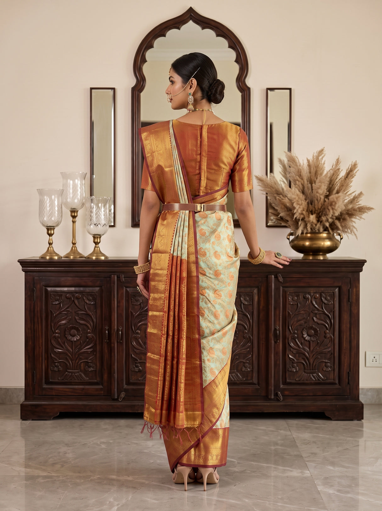 MIMOSA Pista Kanjivaram Art Silk Saree — Model Lifestyle Pose