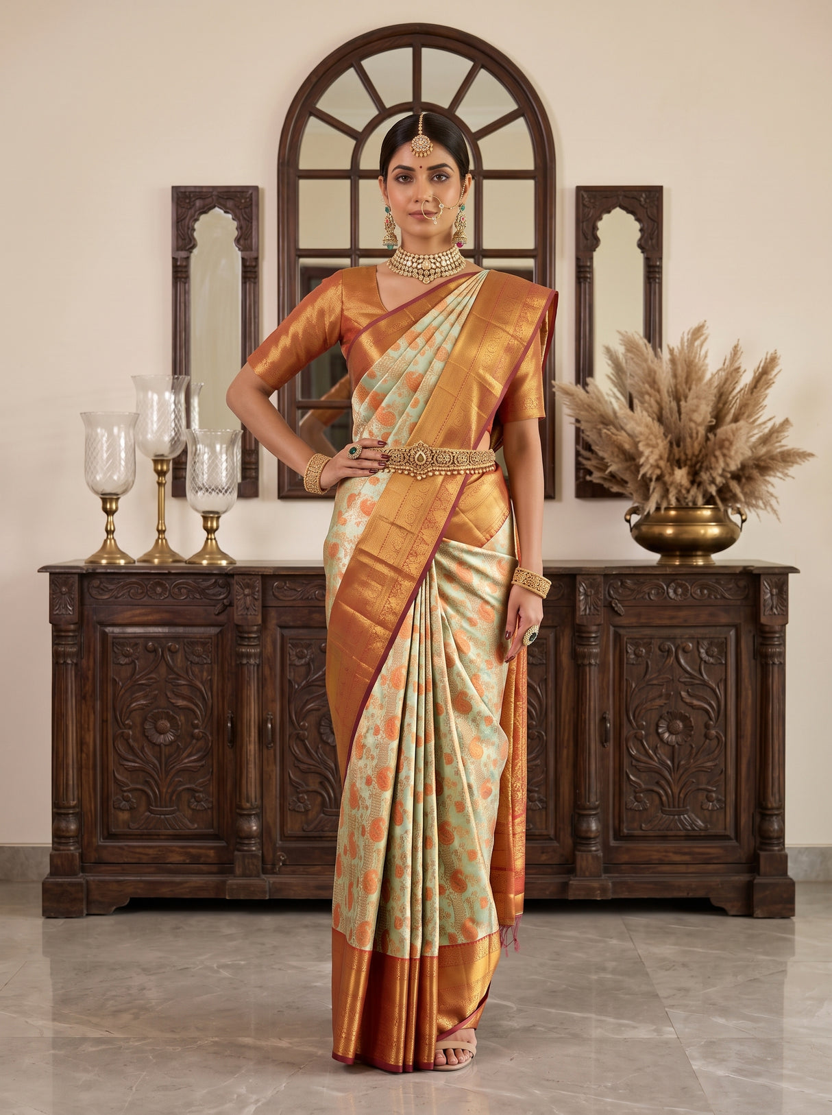 MIMOSA Pista Kanjivaram Art Silk Saree — pose 4 styling detail