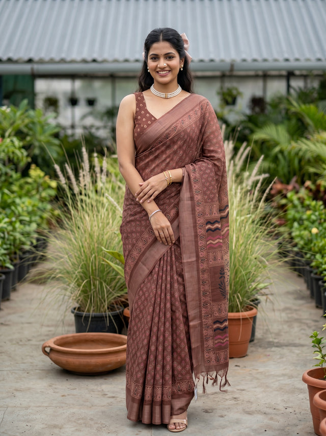 MIMOSA Chocolate Ajrak Linen Saree — AI Model lifestyle pose