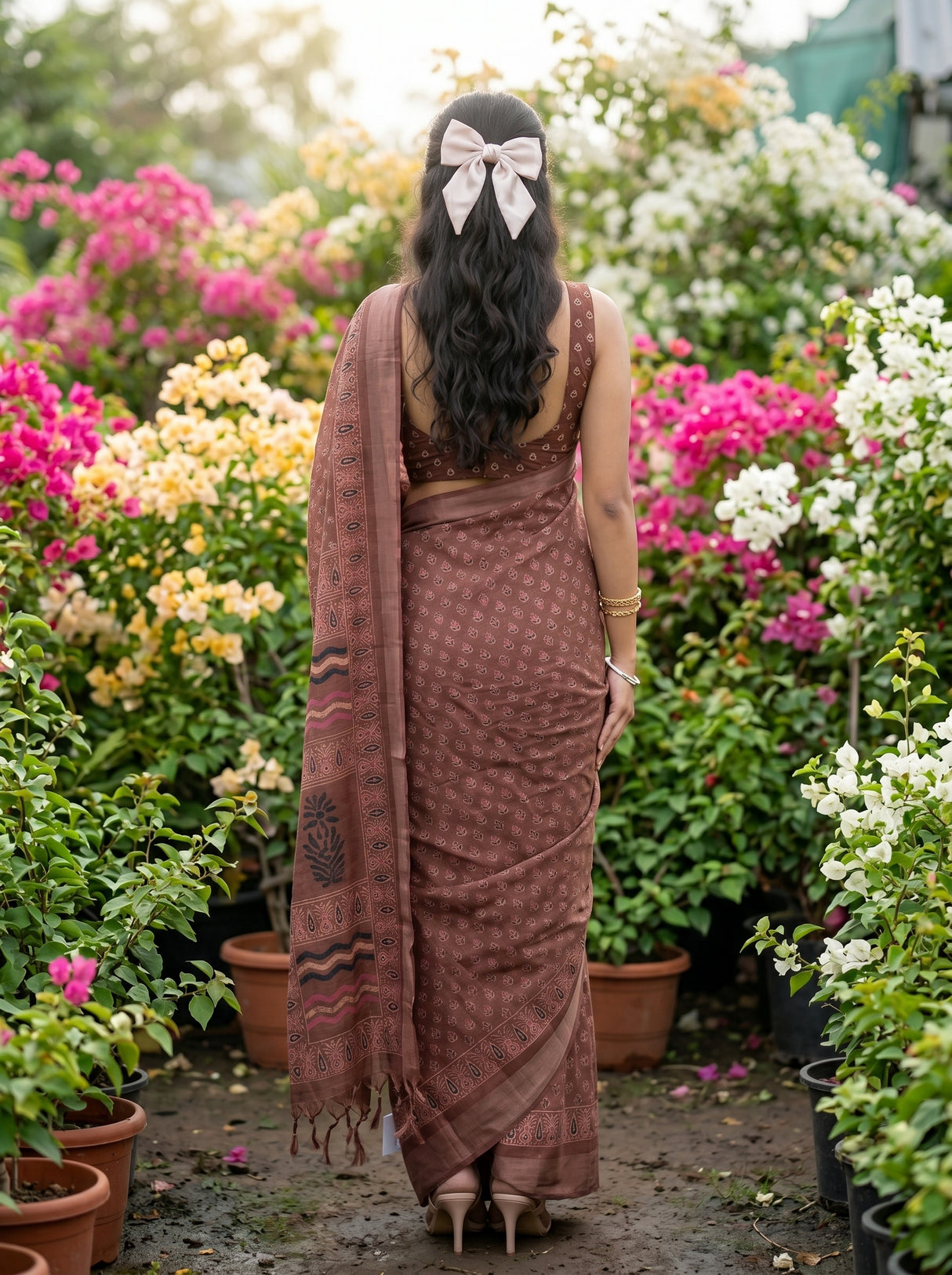MIMOSA Chocolate Ajrak Linen Saree — Saree shot pallu and body