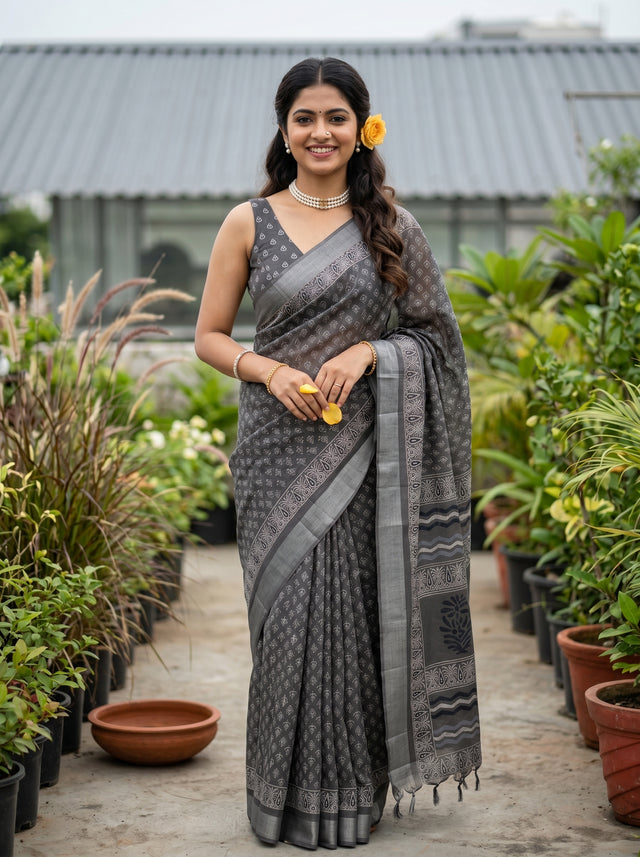 MIMOSA Grey Ajrak Linen Saree — AI Model lifestyle pose