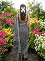 MIMOSA Grey Ajrak Linen Saree — Saree shot pallu and body