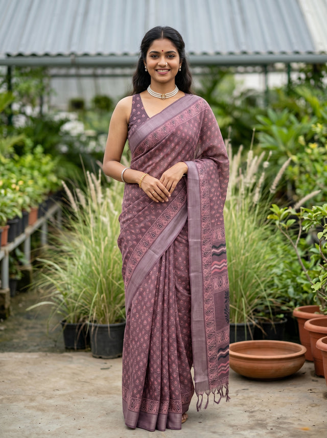 MIMOSA Magenta Ajrak Linen Saree — AI Model lifestyle pose