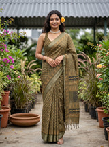 MIMOSA Olive Ajrak Linen Saree — AI Model lifestyle pose
