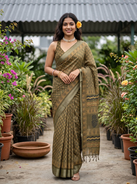 MIMOSA Olive Ajrak Linen Saree — AI Model lifestyle pose