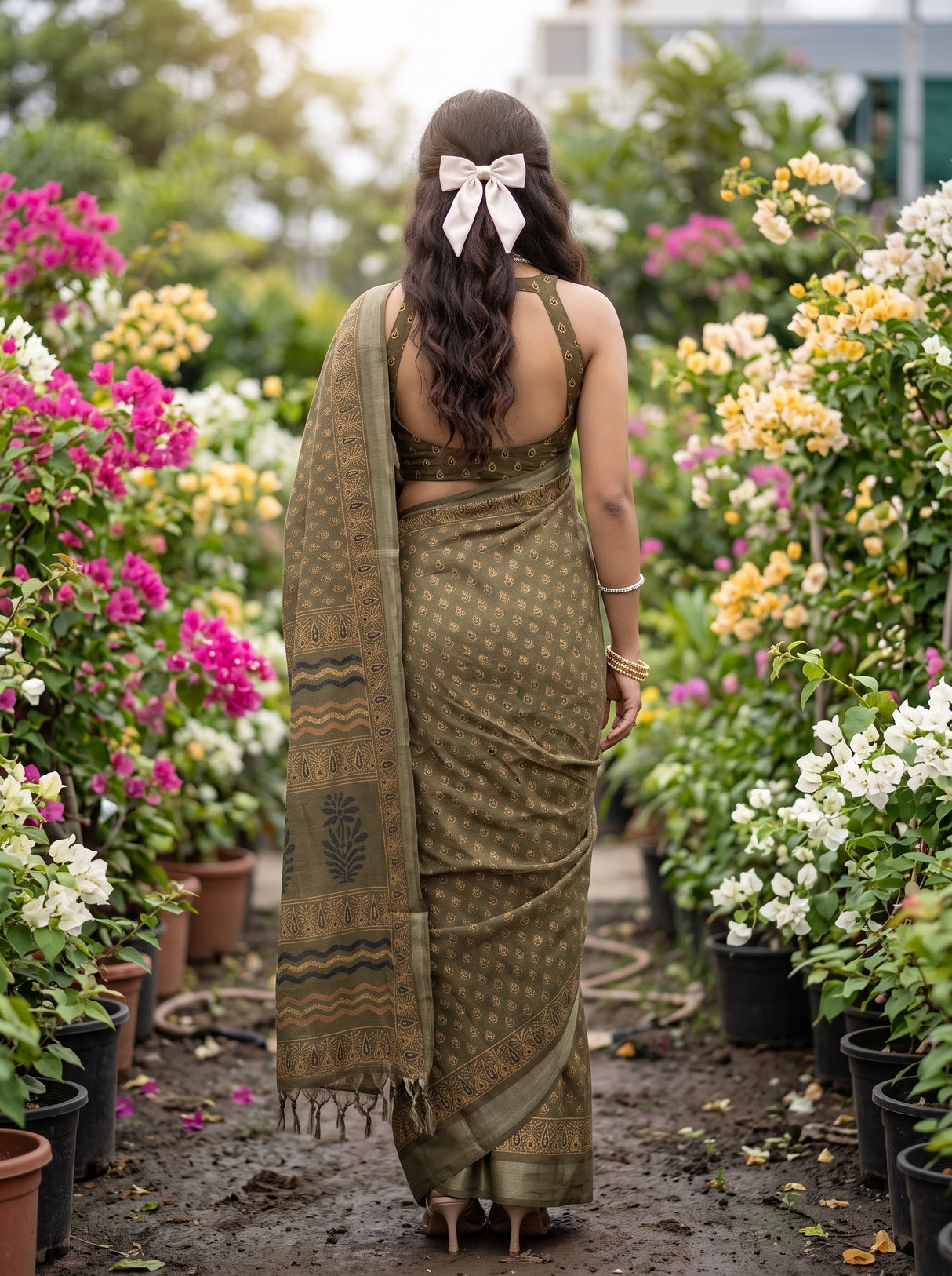 MIMOSA Olive Ajrak Linen Saree — Saree shot pallu and body