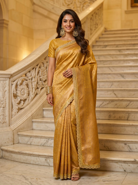 MIMOSA Mustard Kanjivaram Art Silk Saree — model smiling on stairs