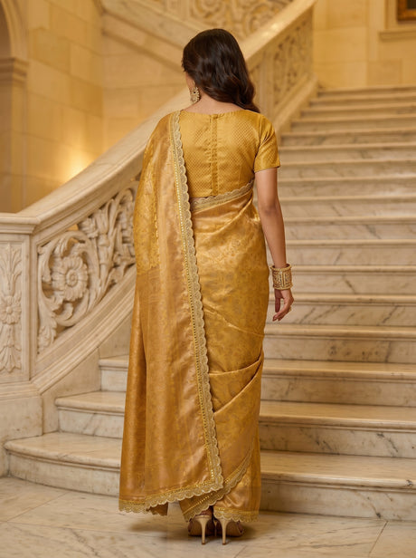 MIMOSA Mustard Kanjivaram Art Silk Saree — close-up of model's face and earrings