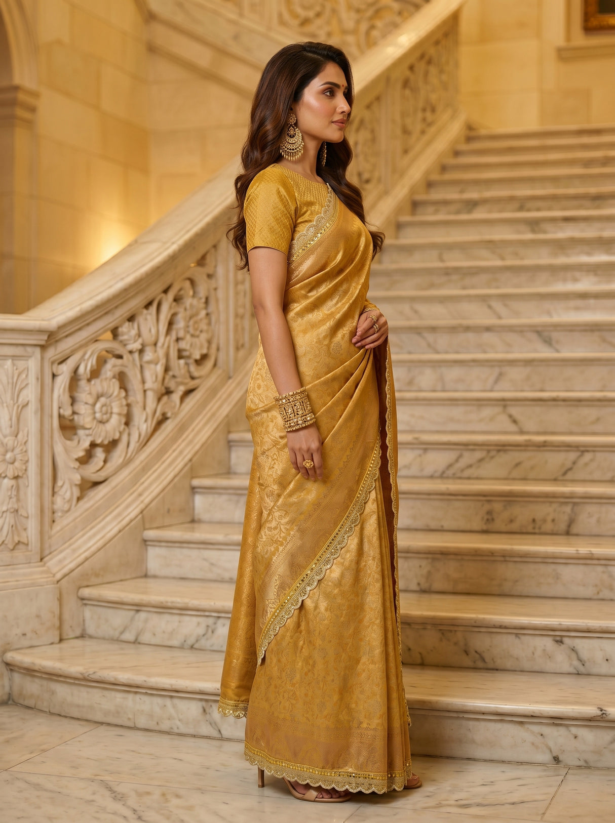 MIMOSA Mustard Kanjivaram Art Silk Saree — side view on stairs