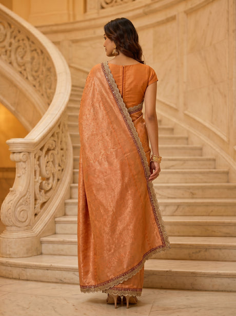 MIMOSA Orange Kanjivaram Art Silk Saree — close-up of model's face and earrings