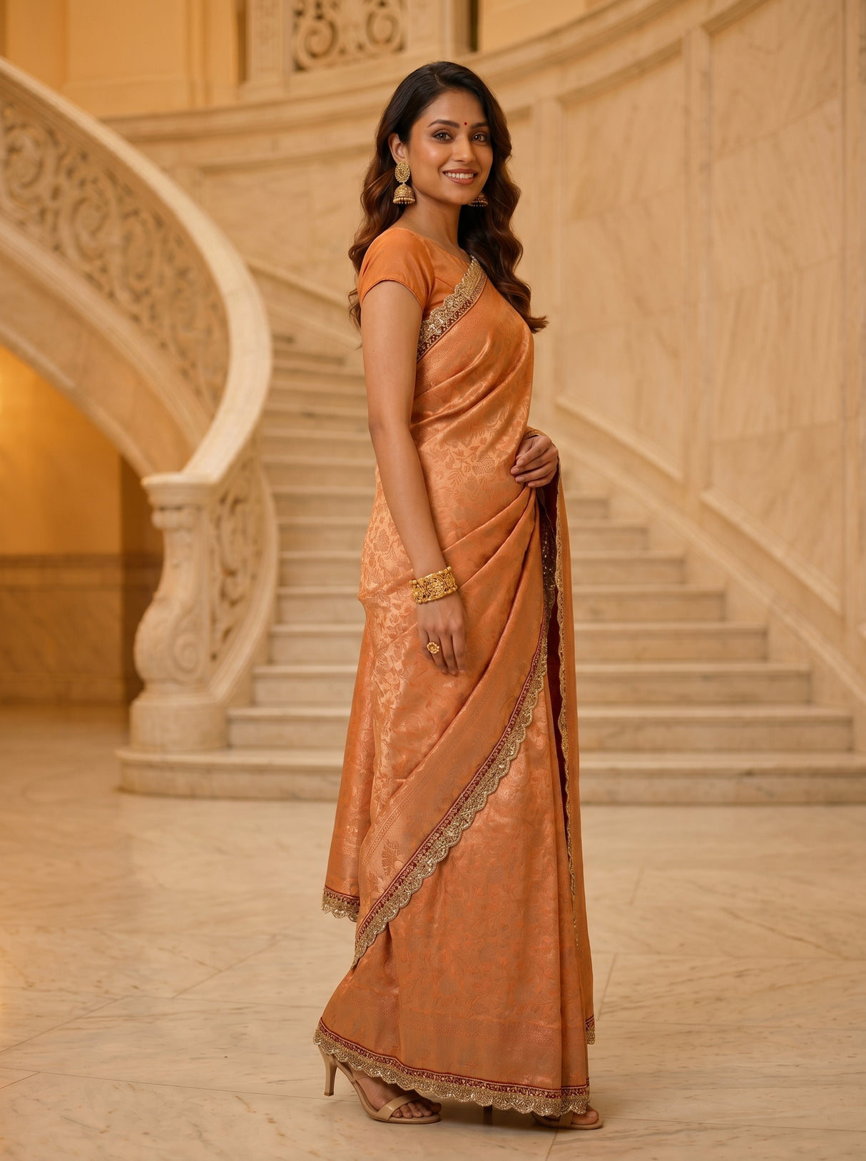 MIMOSA Orange Kanjivaram Art Silk Saree — side view on stairs