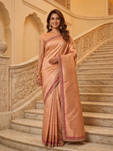 MIMOSA Peach Kanjivaram Art Silk Saree — model smiling on stairs