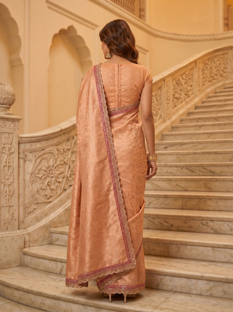 MIMOSA Peach Kanjivaram Art Silk Saree — close-up of model's face and earrings