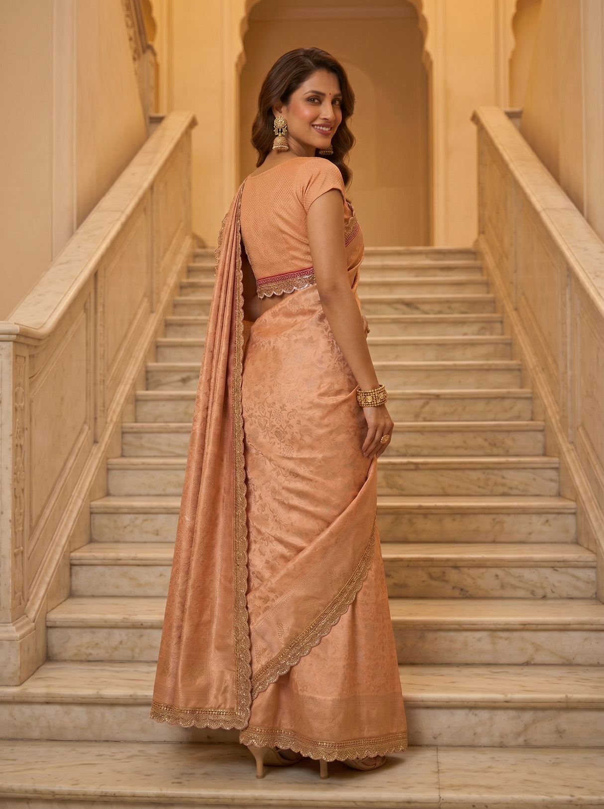 MIMOSA Peach Kanjivaram Art Silk Saree — close-up of body and pallu