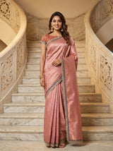 MIMOSA Pink Kanjivaram Art Silk Saree — model smiling on stairs