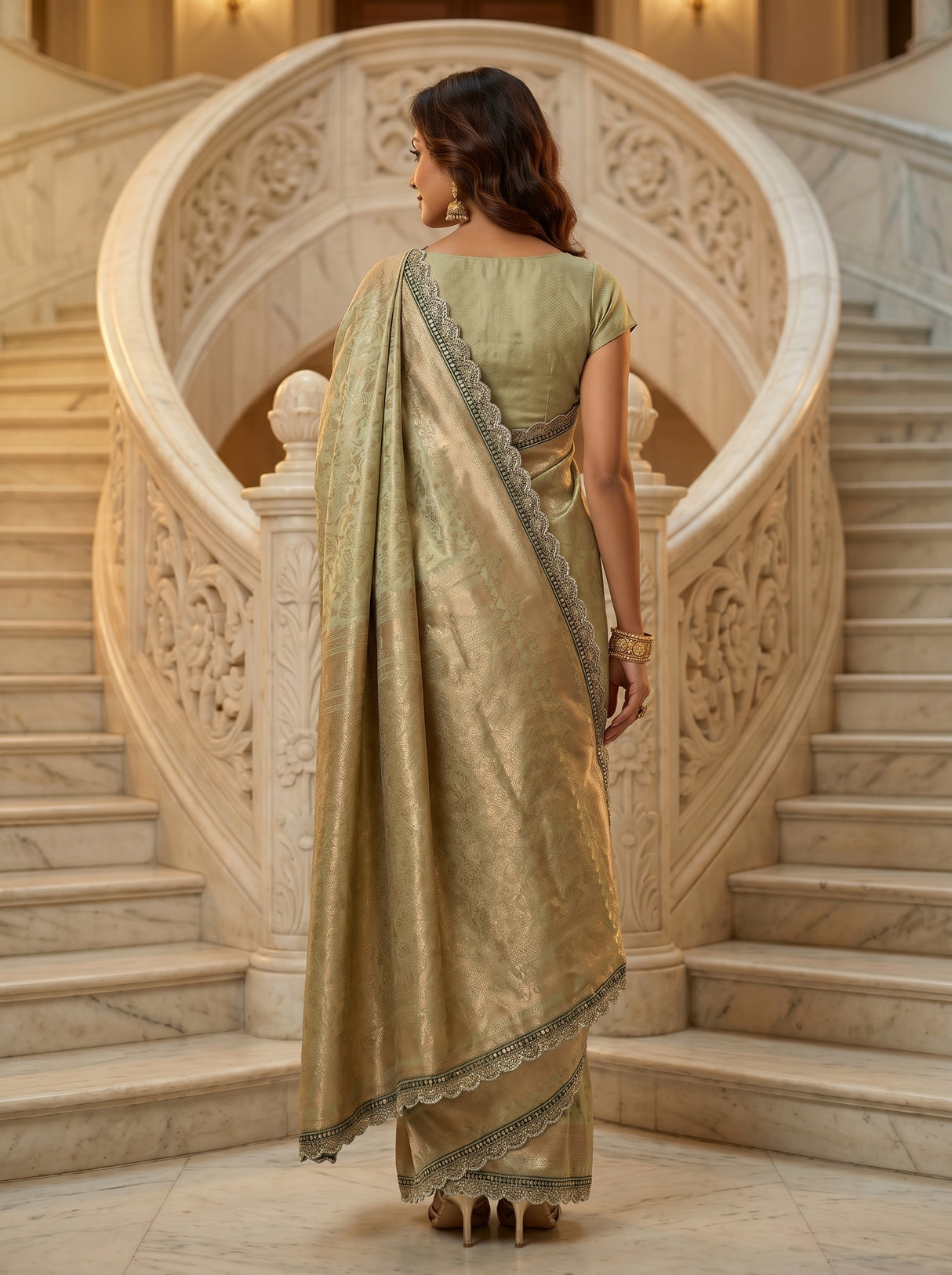 MIMOSA Pista Kanjivaram Art Silk Saree — close-up of model's face and earrings