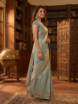 MIMOSA Sapphire Kanjivaram Art Silk Saree — side view on stairs