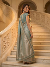 MIMOSA Sapphire Kanjivaram Art Silk Saree — close-up of border and pleats