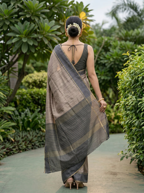 MIMOSA Chiku Banarasi Art Silk Saree — Model close-up with jewelry