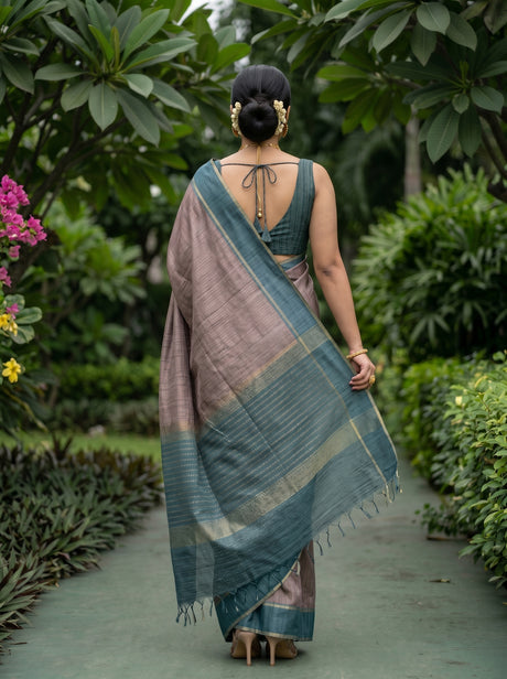 MIMOSA Charcoal Banarasi Art Silk Saree — Model close-up with jewelry