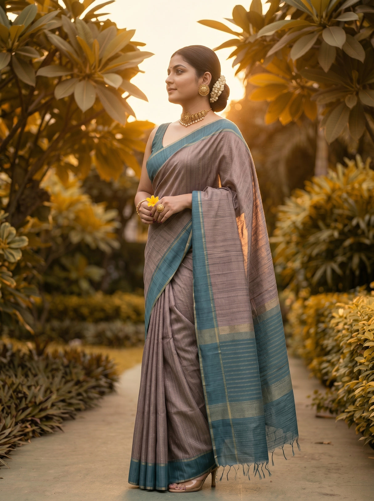 MIMOSA Charcoal Banarasi Art Silk Saree — Saree pallu and body detail