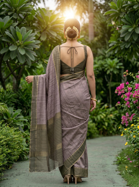 MIMOSA Grey Banarasi Art Silk Saree — Model close-up with jewelry
