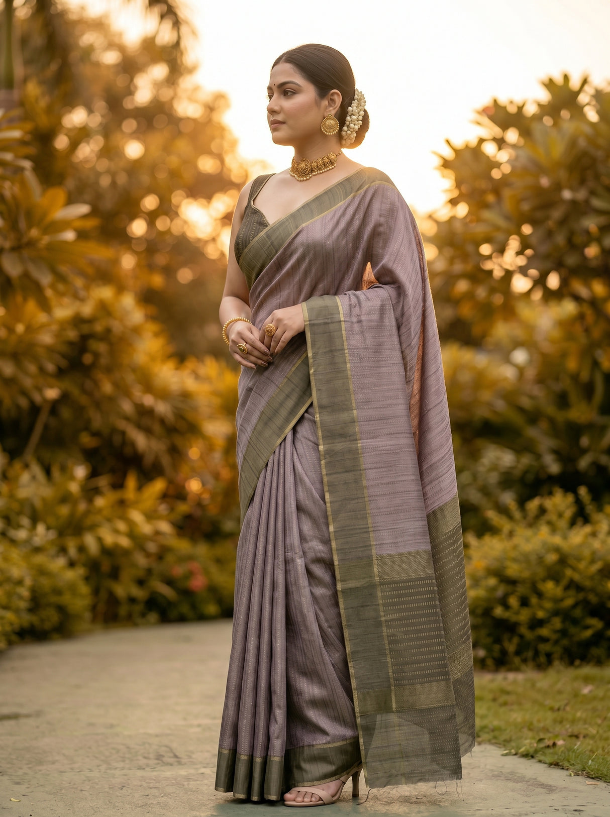 MIMOSA Grey Banarasi Art Silk Saree — Saree pallu and body detail